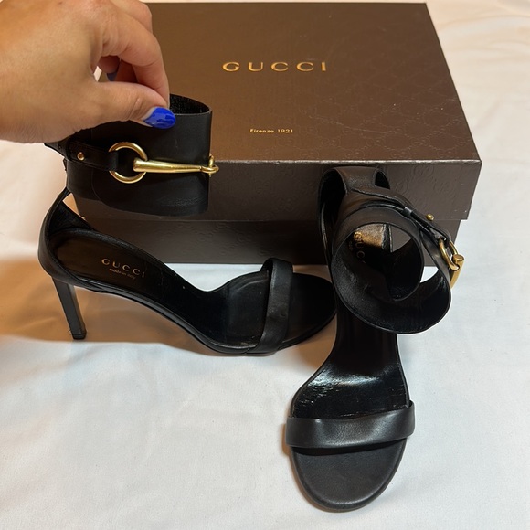 Gucci women’s black horsebit ankle strap high heel sandal gold hardware size 36 - Picture 11 of 15